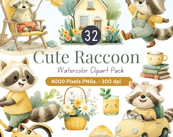 Watercolor Raccoon Clipart Bundle: 32 Summer PNG Illustrations (Digital Download