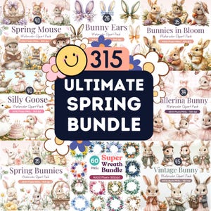 315 Pacchetto PNG Clipart primaverili, Animali carini ad acquerello, Ghirlande, Orecchie da coniglio, fiori selvatici, oca, topo, Sublimazione, 4000px, Uso commerciale