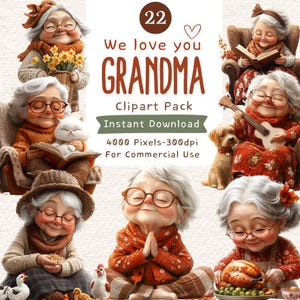 22 Grandma love Clipart Pack -Cozy Granny Illustrations: Embroidery, Cooking, Gardening, Pets, Jam-Making - Perfect for Cards & Gifts, love