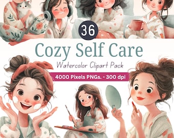 Cozy Self Care Watercolor Clipart Pack, 36 PNGs, Commercial Use (Digital Download)