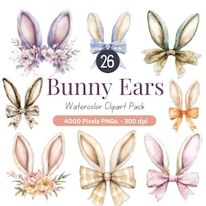 Puede incluir: Un conjunto de 26 imágenes de clipart de orejas de conejo en acuarela. Las orejas son de varios colores y estilos, incluyendo rosa, morado, marrón y verde. Cada oreja está adornada con un lazo. El texto "Bunny Ears Watercolor Clipart Pack 4000 Pixels PNGs - 300 dpi" se muestra debajo de las imágenes.