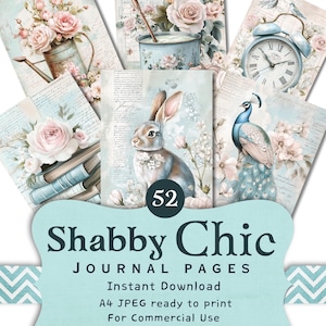 52 páginas de diario Shabby Chic A4 para imprimir, efímeras de diario basura boho vintage, kit de scrapbooking floral, descarga digital instantánea para manualidades