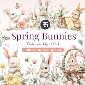 35 cliparts aquarelle printemps lapins, mignon lapin floral PNG, bordures florales, cadres, modèles sans couture, Illustration numérique de lapin, 300 DPI
