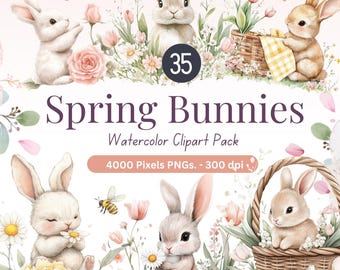 Puede incluir: Un conjunto de 35 imágenes de clipart de acuarela con conejos lindos en un entorno primaveral. Los conejos están rodeados de flores, mariposas y cestas. Las imágenes son perfectas para crear invitaciones, tarjetas y otras manualidades con temática primaveral.