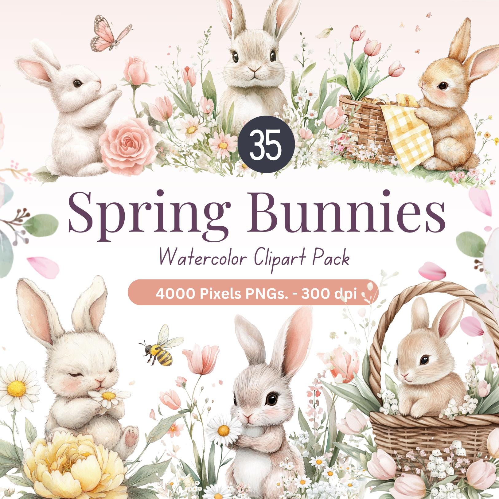 Spring Bunnies Watercolor Clipart: Floral Frames & Seamless Patterns ...