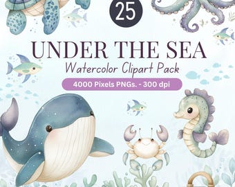 May include: Watercolor clipart pack featuring various sea creatures, including a turtle, fish, octopus, whale, seahorse, and crab. The text "UNDER THE SEA" and "Watercolor Clipart Pack" are displayed. The image also includes a treasure chest and coral.
