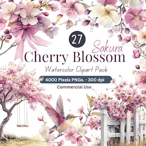 27 Clipart di fiori di ciliegio Sakura ad acquerello / Pacchetto PNG floreale primaverile / Fiori pastello giapponesi, fiori, uccelli, alberi / Uso commerciale
