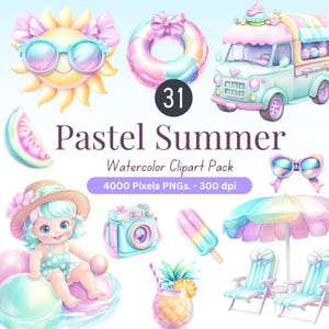 Pastell Sommer Aquarell Clipart Pack | 31 PNG | Strandmädchen, Eiswagen, Schwimmer, Sonnenbrille | 4000px 300 DPI | Kommerzielle Nutzung