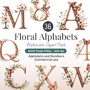 Ensemble de 36 cliparts alphabet floral | Lettres et chiffres à l'aquarelle | 36 PNG haute résolution | 4000 pixels 300 ppp, utilisation commerciale, téléchargement instantané