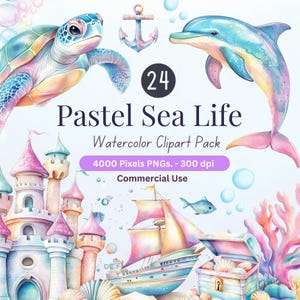 Pastel zeeleven aquarel clipart – 24 png-bestanden, oceaandieren, kasteel, dolfijn, schildpad, commercieel gebruik, babyshower, zeethema