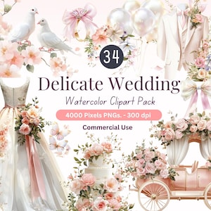 34 Zarte Hochzeit Aquarell Clipart PNGs | Blumen Braut Grafiken | Königlich Romantische Blumen | Kommerzielle Nutzung | 4000px 300dp