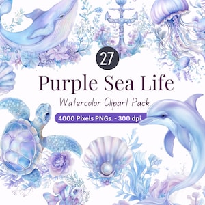 Clipart de aquarela de vida marinha roxa, pacote de PNG de oceano, animais marinhos de verão, baleia, golfinho, tartaruga, uso comercial, 4000px 300dpi