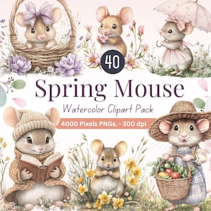 40 Clipart aquarelle de souris de printemps | Souris mignonnes, bouquets de fleurs, couronnes et motifs, animaux printaniers PNG, téléchargement numérique, scrapbooking