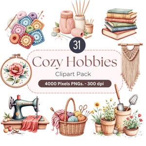 31 Cozy Hobbies asset Clipart Pack, PNG acquerelli, cucito, maglieria, articoli per l'artigianato, libri, piante – 4000px, 300dpi – Download immediato