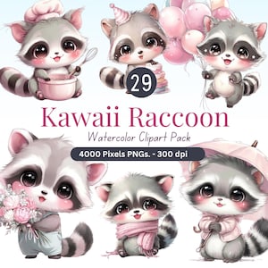 Kawaii Raccoon Clipart Bundle | 29 Watercolor Cute Raccoons PNG | Pastel Animal Clip Art | Baby Shower, Nursery, Sticker, Sublimation