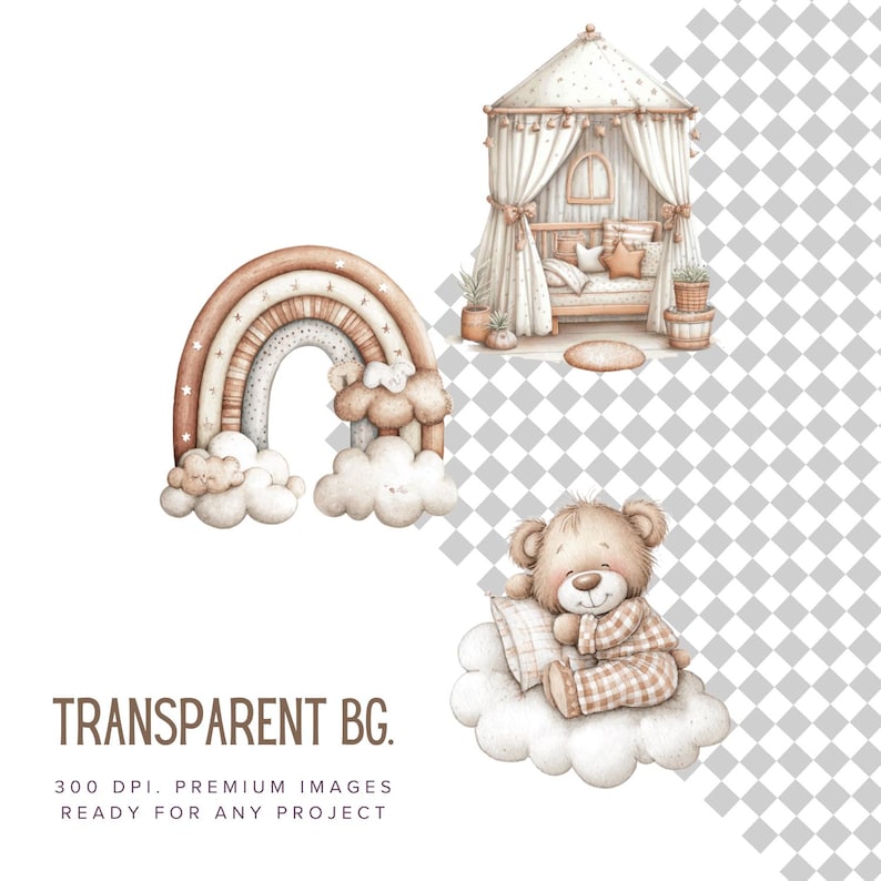 Watercolor Teddy Bear Clipart: Boho Baby Shower PNG Bundle (digital ...