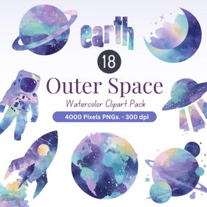 Pack de cliparts aquarelle espace extra-atmosphérique – 18 PNG galaxies | Astronaute, planètes, Terre, OVNI | 4000px haute résolution | Utilisation commerciale