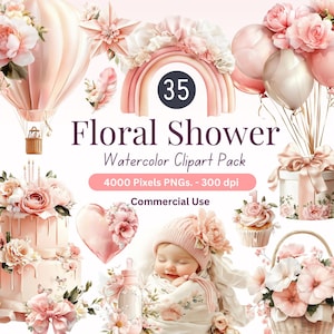 Pink Baby Shower Floral Clipart | 35 Watercolor PNGs | Delicate Flowers, Balloons, Cakes | 4000px | Commercial Use