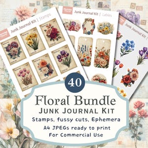 40 Floral Junk Journal Kit - vintage efemere pagina's, afdrukbare postzegels, kieskeurige uitsneden en labels voor scrapbooking, collage, knutselen