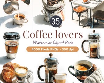 Watercolor Coffee Clipart: Cozy Cafe PNG Set (Commercial Use, 4000px, Digital Download
