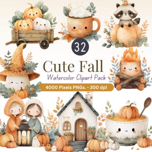 Può includere: Pacchetto di clipart ad acquerello con simpatiche illustrazioni a tema autunnale. L'immagine include zucche, un procione, un fungo, una casa e una tazza di caffè. Il testo recita "Cute Fall Watercolor Clipart Pack" e "4000 Pixels PNGs. - 300 dpi."