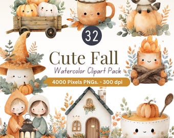Peut inclure: Ensemble de cliparts aquarelle sur le thème de l'automne. L'image présente des citrouilles, un raton laveur, un champignon, une maison et une tasse de café. Le texte indique "Cute Fall Watercolor Clipart Pack" et "4000 Pixels PNGs. - 300 dpi."