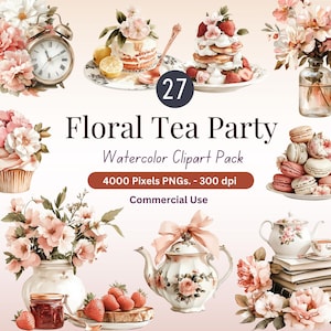 Puede incluir: Un conjunto de 27 imágenes de clipart de acuarela con elementos de fiesta de té floral. Las imágenes incluyen arreglos florales, tazas de té, pasteles, macarons y una tetera. Las imágenes son perfectas para crear invitaciones, tarjetas y otros proyectos digitales o impresos.