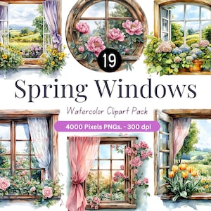 Puede incluir: Un conjunto de 19 imágenes de clipart de acuarela de ventanas de primavera con varios arreglos florales y vistas de la naturaleza. Las ventanas son de diferentes estilos y colores, y las flores están en flor. Las imágenes son perfectas para agregar un toque de primavera a tus diseños.