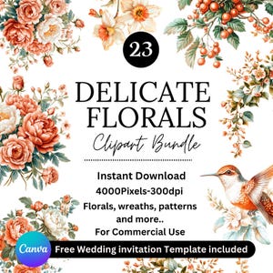23 lentebloemen clipartbundel - rustieke boho bloemen, kransen, patronen en gratis canvas sjabloon huwelijksuitnodiging