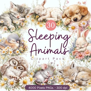 Pacote de 30 animais de primavera sonolentos em aquarela, clipart de pacote de animais, clipart de animais fofos, arte de parede de berçário, decoração de chá de bebê, animais neutros