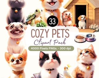 May include: A collection of cartoon pets, including cats, dogs, a turtle, and a hedgehog. The image includes the text "COZY PETS Clipart Pack" and "4000 Pixels PNGs. - 300 dpi". The pets are wearing collars and are smiling.
