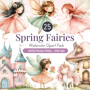 25 Frühlingsfee Clipart Bundle - Aquarell PNGs | Feen, Einhörner, Schlösser, Feenhäuser, Blumen, magischer Wald Grafiken