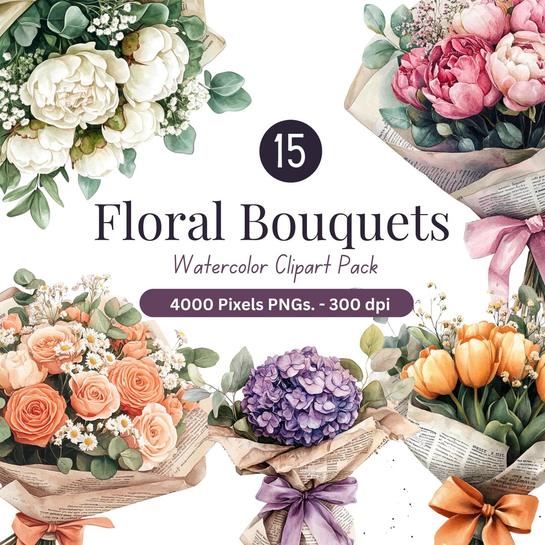 Watercolor Floral Bouquet Clipart: Spring Flowers PNG (digital Download ...