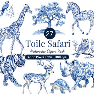 27 toile safari aquarel clipartbundel | Blauwe safaridieren, png PNGEgg | Jungle babyshowerkunst | Wilde dierentuin kinderkamerdecoratie | Commercieel gebruik