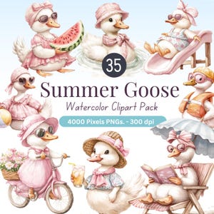 Sommer Gans Aquarell Clipart PNG | Niedliche Alberne Gans Kunst, Sommer Elemente, Obst, Floatie, Stuhl | 4000px PNG | Kommerzielle Nutzung