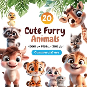3D Cute Furry fuzzy Animals PNG Clipart Instant Download Commercial use, cat dog duckling mouse lion, raccoon Transparent Sublimation Bundle