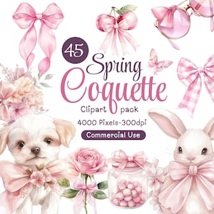 Puede incluir: Un conjunto de 45 imágenes de clipart con temática primaveral, que incluyen un conejito rosa y blanco, un perro blanco con un lazo rosa, una rosa rosa, un tarro de caramelos rosas, un lazo rosa y blanco a cuadros, un lazo rosa con cerezas y unas gafas de sol rosas. También se incluye el texto "45 Spring Coquette Clipart pack 4000 Pixels-300dpi Commercial Use".