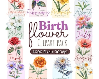 Watercolor Birth Month Flower Clipart: 4000 px PNG (Digital Download)
