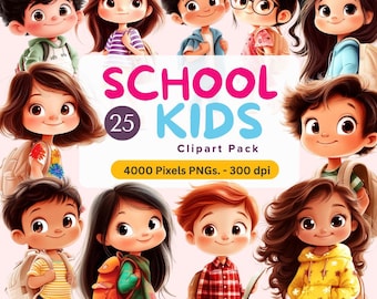 School Kids Clipart Bundle: 25 Diverse PNG Illustrations (Digital Download)