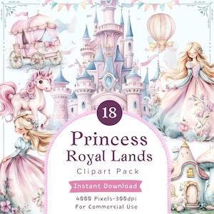Pack de 18 cliparts princesse royale terres-PNG | Châteaux, princesses, licornes, anniversaires, contes de fées | Haute résolution 300 ppp, usage commercial