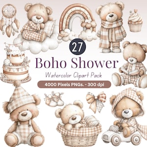 Op de afbeelding: Watercolor clipart pack met teddyberen, een regenboog, een taart en andere decoratieve elementen. De tekst "Boho Shower" wordt weergegeven, samen met "27" in een cirkel. De clipart is in zachte, neutrale tinten.