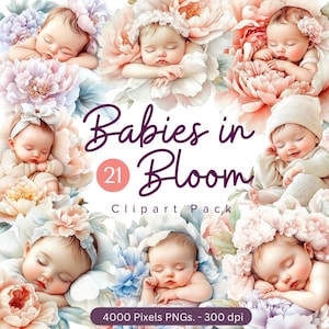 Baby in Bloom aquarel babyshower clipart pack-instant download-4000px. Uitnodiging 300 dpi: baby slapen in bloem, roze, blauw, neutraal