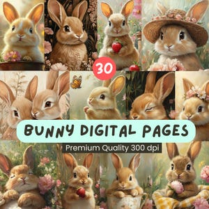 Bundel met 30 digitale pagina's konijnen | Lente olieverfschilderij van topkwaliteit | Afdrukbaar 300 dpi, junkjournaal, scrapbooking, knutselen, decor