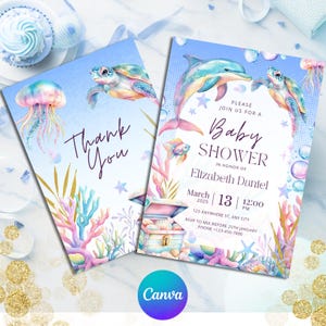 Onder de zee babyshower uitnodiging bewerkbare canvassjabloon | Oceaanthema babyshowerkaart | Voor- en achterkant | Direct downloaden
