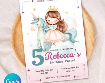 May include: A pink and blue birthday invitation with a cartoon illustration of a princess riding a unicorn. The invitation says "Join us to celebrate Rebecca's 5th Birthday Party!" and includes the date, time, and RSVP information.