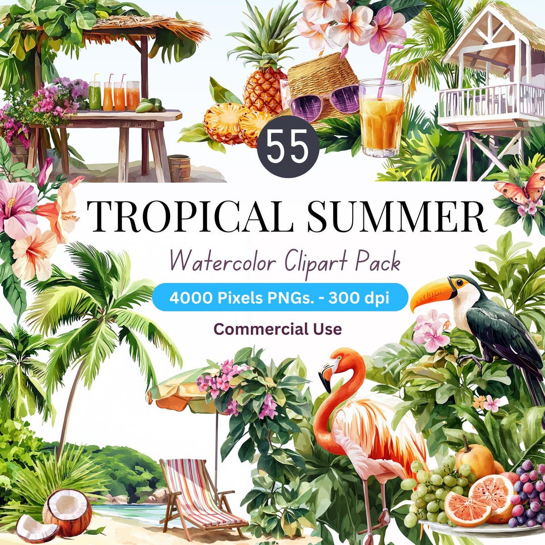 Tropical Watercolor Clipart: Summer Beach Elements PNG Bundle - Etsy