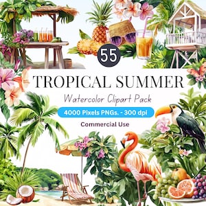 Pacchetto di clipart PNG con acquerello estivo tropicale / 55 elementi di frutta, palma e fenicotteri da spiaggia / 4000px 300dpi / Uso commerciale