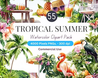 Tropisches Aquarell Clipart: Sommer Strand Elemente PNG Bundle