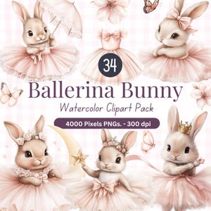 34 Ballerina Bunny Aquarell Clipart-Pack - niedliche Ballett-Hasen, Blumensträuße, Ballettkleider - PNGs für Kinderzimmerkunst, Einladungen, Dekor