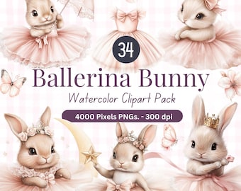 Può includere: Un set di 34 immagini clipart ad acquerello con conigli ballerini. I conigli indossano tutù rosa e corone di fiori. Alcuni conigli tengono una stella, una luna o una farfalla. Le immagini sono perfette per creare inviti, biglietti e altri lavoretti.